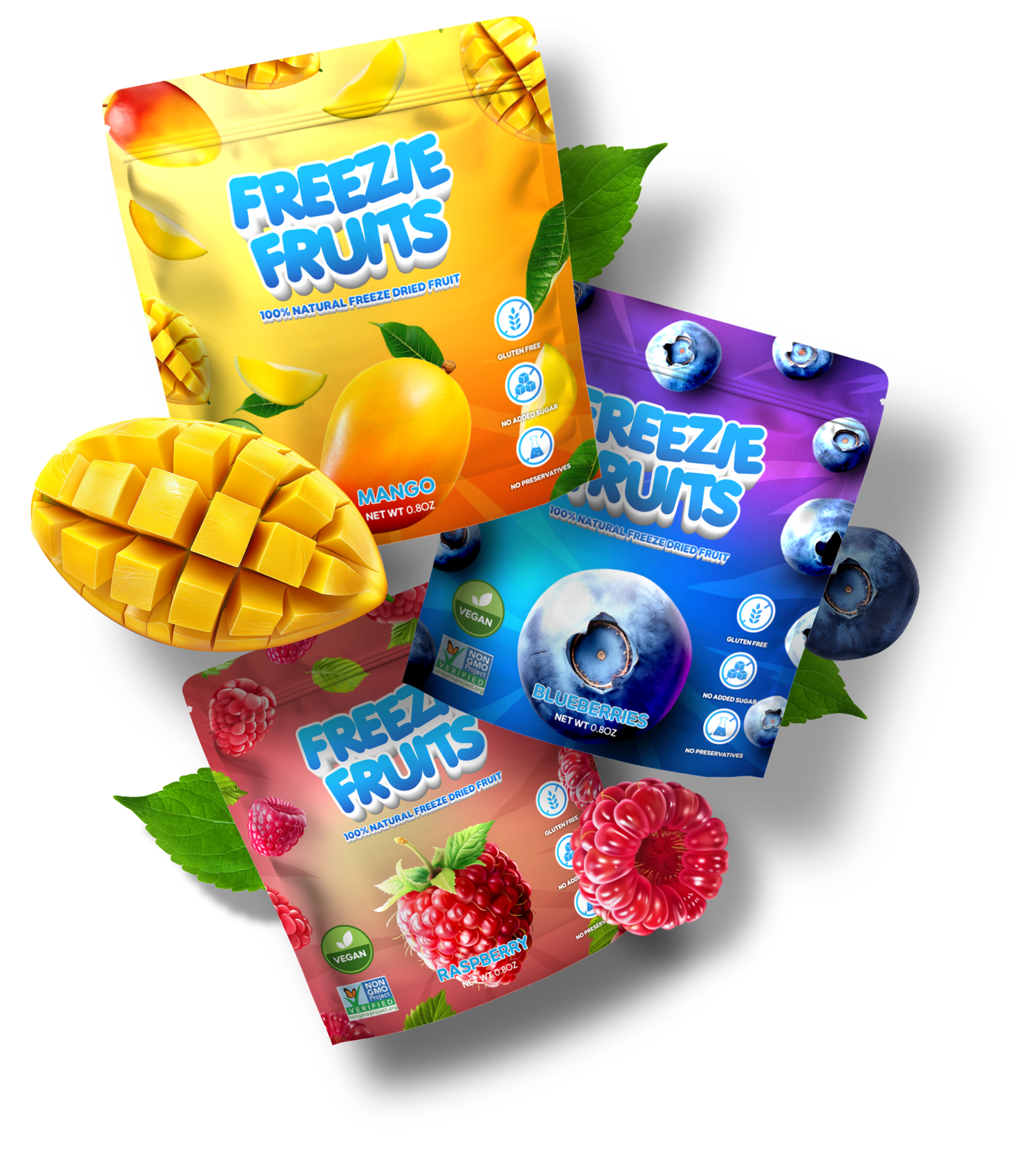 Front image of Freezie Fruits packaging of 100% natural mango, blueberries and raspberry.