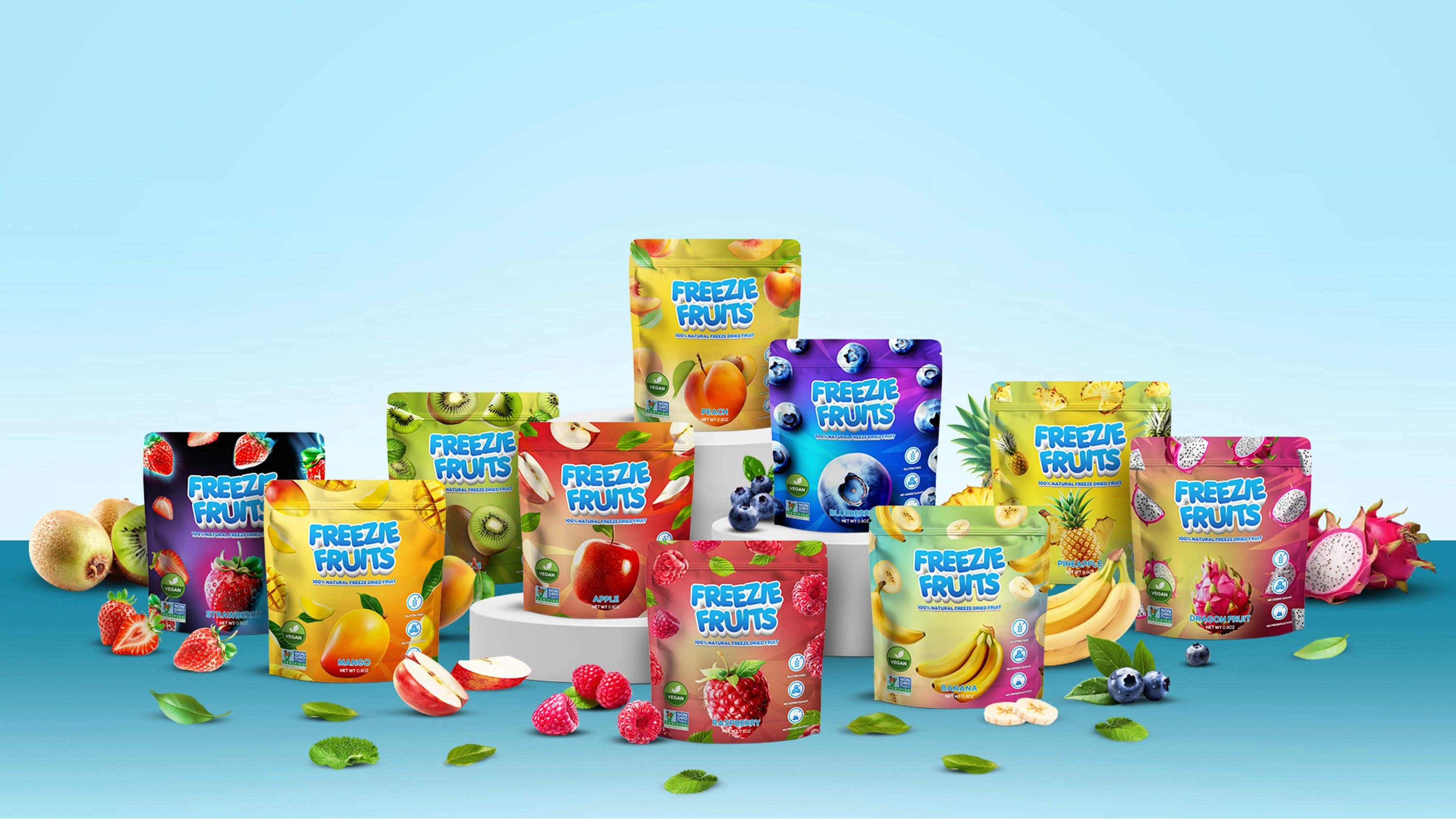 Freezie Fruits lineup: 100% natural freeze-dried fruit snacks, vegan and without additives. Flavor and nutrition to the maximum!